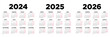 Calendario 2024 2025 2026 en español. Semana comienza el lunes. Sábados y domingos en rojo. Ilustración	
