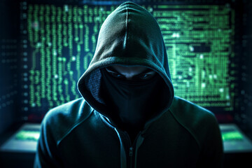 Generative AI portrait hacker in dark room secret organization community specialists