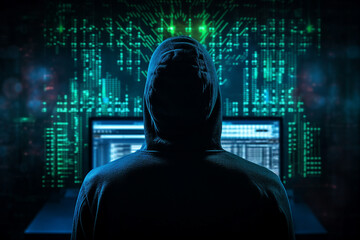 Generative AI portrait hacker in dark room secret organization community specialists