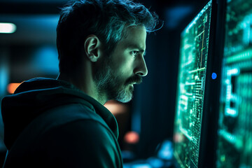 Generative AI portrait hacker in dark room secret organization community specialists