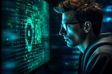Generative AI portrait hacker in dark room secret organization community specialists