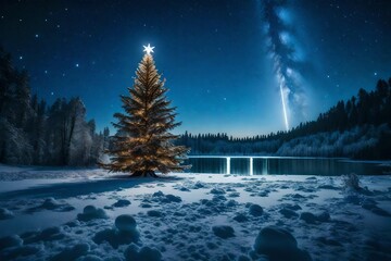 Wall Mural - A starry night over a frozen lake, where the moonlight casts a magical glow on a Christmas tree standing alone in the snow