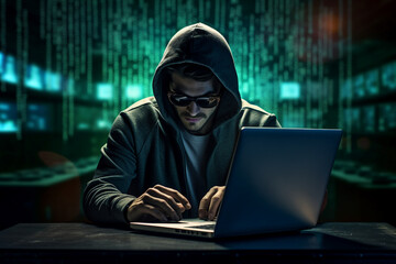 Generative AI portrait hacker in dark room secret organization community specialists