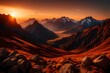 A mesmerizing sunset over a rugged mountain range, casting warm hues across the vast landscape, with the last light of day kissing the peaks goodbye.