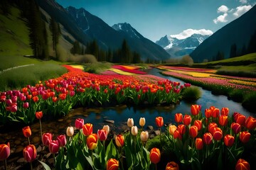 Wall Mural - A peaceful mountain valley filled with the vibrant colors of blooming tulips, with a clear stream meandering through the meadow and reflecting the beauty of spring.