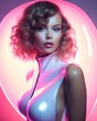 Stylish woman in glossy attire with a captivating pink neon circle framing her face