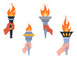 Set of hands holding the Olympic torch in a raised hand on a white background vector illustration. Torch and fire. Big games.