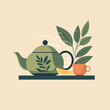 Green tea leaves, tea, kettle, cup, glass, vector illustration, icon sign template