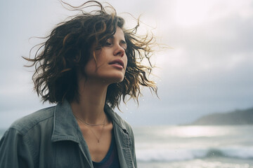 Wall Mural - Portrait of young beautiful woman on beach