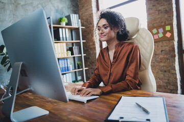 Poster - Photo of skilled it specialist sitting chair keyboard write email networking communicate colleagues workstation indoors