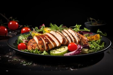 Wall Mural - Grilled chicken breast fillet and fresh vegetable salad in dark plate on black
