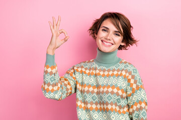 Sticker - Portrait of nice young lady pretty advertiser show okey symbol demonstrate her recommendation feedback isolated on pink color background