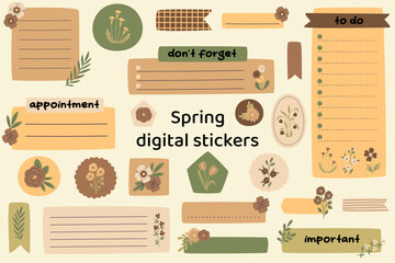 Wall Mural - Blank floral digital stickers. Spring stickers. Digital note papers and stickers for bullet journaling or planning. Digital planner stickers. Vector art.