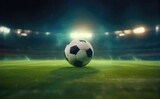 Fototapeta Sport - soccer ball in stadium lights, soccer ball sitting on top of a lush green field, soccer ball.