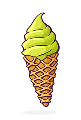 Wall Mural - Scoop of pistachio ice cream in a waffle cone. Vector illustration. Hand Drawn Cartoon illustration with outline. Design element isolated on white background