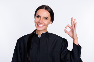 Sticker - Photo of happy positive good mood woman attorney judge show okay sign approval isolated on white color background