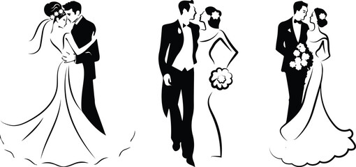 Wedding. Collection llustrations of newlyweds. Holiday, happiness for the bride and groom. Black and white illustrations. Stylization.