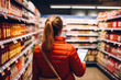 © Elena - Young woman checking mobile phone or tablet while standing near blurred shelves while shopping in supermarket, rear view. Female using shopping list in grocery store
