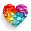 Vibrantly colored heart with geometric facets on white, a modern representation of love and affection