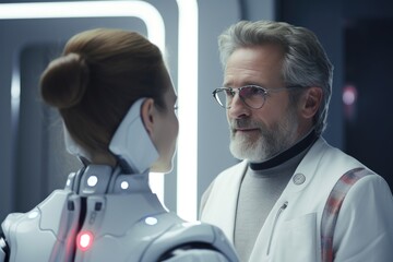 futuristic healthcare: patient and doctor in high-tech hospital