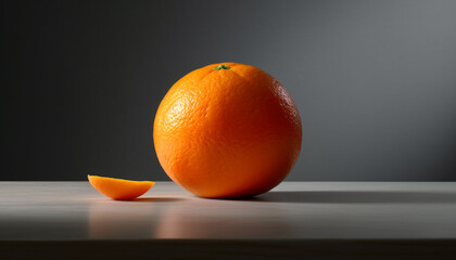 Juicy citrus slice on wood table, vibrant orange freshness generated by AI