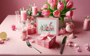 Wall Mural - Mother's Day concept. Top view photo of heart shaped plate fork knife stylish gift boxes with ribbon bows and tulips