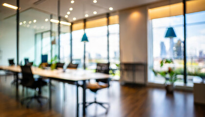 Sticker - Beautiful blurred background of a light modern office interior with and beautiful lighting in a sunny day