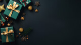 Fototapeta Mapy - Christmas gifts and decorations on dark green background