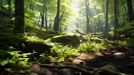 Wall Mural - Sunlight filtering through the dense foliage, casting enchanting patterns on the forest floor. Keywords