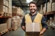 Happy Male Warehouse Worker Holding Box and Smiling at Camera
