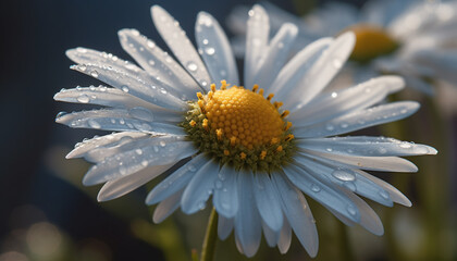 Canvas Print - Vibrant chamomile blossom reflects wet meadow in summer sunlight generated by AI