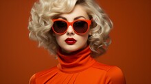 Portrait Of A Orange Dressed Blonde Retro Style Woman With Glasses And Red Lips