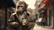 A Monkey Dressed In A Trench Coat Holding A Cup Of Coffee