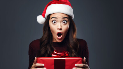 Wall Mural - Surprised girl in Santa Claus hat holding gift box. Christmas holidays. Boxing Day shopping. Holiday shopping