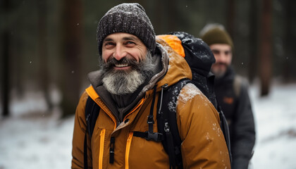 Poster - Smiling men hiking in winter forest adventure generated by AI