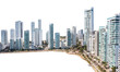  Aerial panoramic view of the Bocagrande district island Skyscrapers Cartagena Colombia on isolated png background