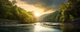 Fototapeta Fototapety z naturą - Riverside serenity. Tranquil landscape nature unveils beauty majestic river flowing through lush forest embraced by warmth of setting sun