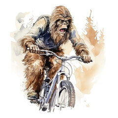 Wall Mural - Watercolor bigfoot, yeti, png, Sasquatch Cyclist: With bicycle and helmet, watercolour style on white background