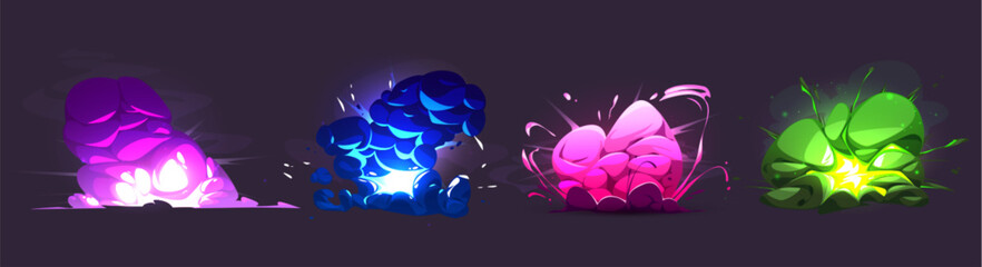 Wall Mural - explosion effects set isolated on background. vector cartoon illustration of blue, pink, green, purp