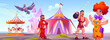 Circus or carnival artists in amusement park. Cartoon vector illustration of performers welcome to show at funfair. Presenter, clown and strongman in front of carousels, castle and cirque tent.