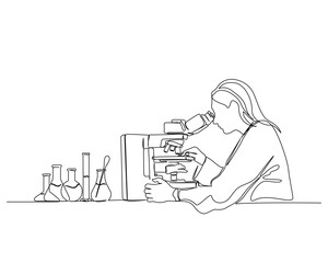 Continuous one line drawing of female scientist working using microscope. Research and science concept - line art illustration. Editable stroke. 	