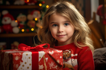 Poster - Generative AI portrait of cute adorable girl enjoying atmosphere christmas decorations