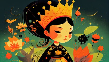 Wall Mural - Chinese or Korean princess girl with crown and flowers background.