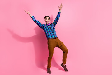 Sticker - Full body length photo of funny boyfriend gentleman dancing celebrating his first date in real life isolated on pink color background