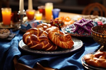 Wall Mural - A festive Purim feast is elegantly arranged on a beautifully adorned table, capturing the essence of celebration and tradition