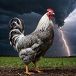 Beautiful rooster in front of storm, tornado, lightning