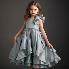 beautiful little girl fashion model in silk dress on studio background, pretty kid posing