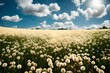 A landscape filled with dandelions of a rich cream color, under a blue sky