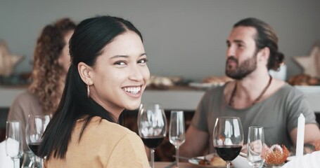 Poster - Woman, face or table for dinner party with friends, together or drinking wine for social event in home. Gratitude, lady or portrait by summer celebration on holidays, diversity or happy in apartment