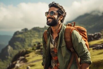 young man in sunglasses hiking